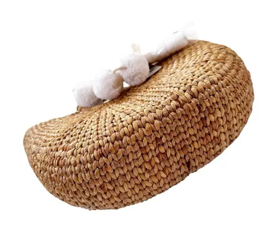 JADEtribe Aloha Woven Basket Bag with White Tassel and Pom Poms NWT Tan