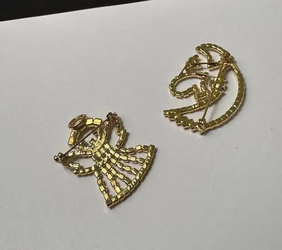 Lot Of 2 Prong Set Rhinestone Christmas Holiday Angels Brooch Pin Gold Tone