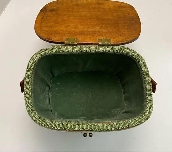 Vintage Basket Purse Molded Floral Velour Wood Lined Picnic Style Green Yellow