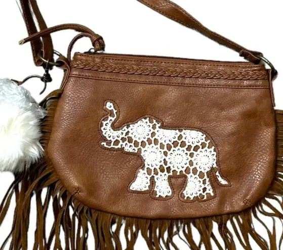 Boutique Boho Faux Leather Elephant Fringe Crossbody Bag Purse Brown Festival