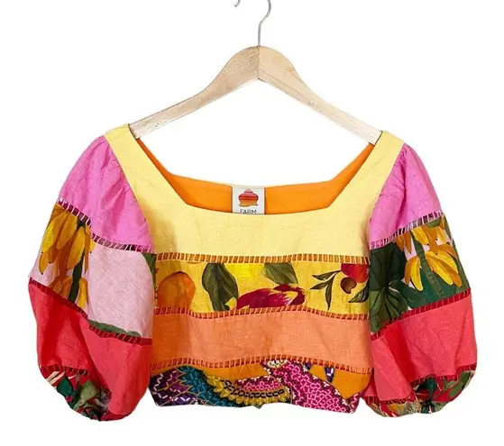 Farm Rio Tiered Top Rainbow Mixed Print Cropped Linen Multicolor Puff Sleeve Sm