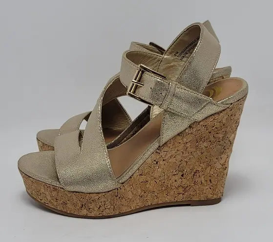 Womens Metallic Gold Glossy Open Toe Buckle Slingback Wedge Heel Sandals Size 8M