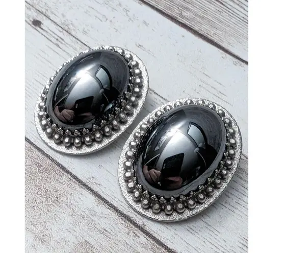 Whiting & Davis Vintage Co Clip On Earrings Silver Tone & Dark Silver Tone Oval