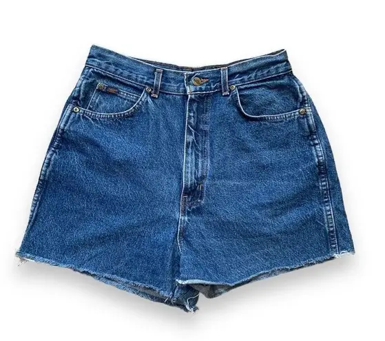 Vintage Chic Cutoff Jean Shorts Baggy Medium Wash High Waisted Mom Frayed Denim Blue Size 14