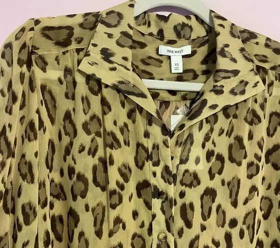 Nine West NEW  Blouse XS Cheetah Print Button Collar Long Sleeve Chiffon Top