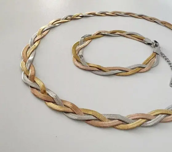 18K Gold Plated woven herringbone necklace stainless steel womens jewelry