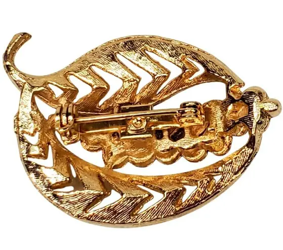 Classy Vtg Art Deco Gold Tone Leaf Pin Clear Rhinestones 1.5" Retro Glam Unsigne