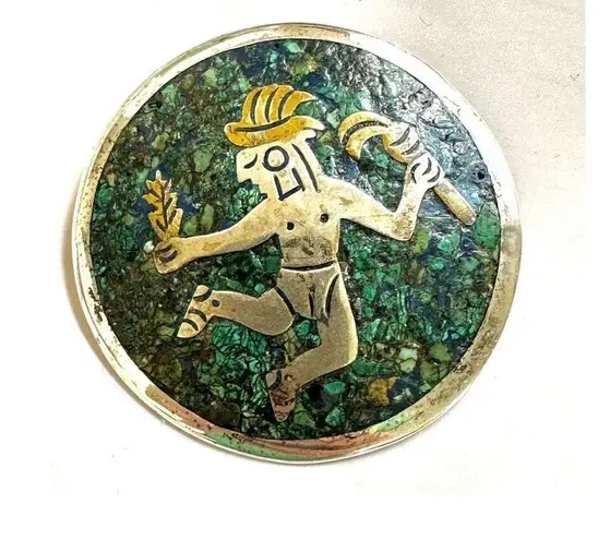 Mexico Taxco Sterling silver and brass mosaic Turquoise and lapis lazuli Aztec Blue