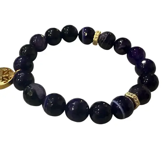 Rustic Cuff PURPLE ONYX BEADS w/ Gold accents & logo Stretch Stacking Bracelet