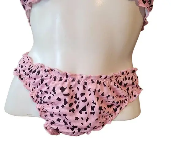 Romwe  Pink & Black Leopard Print Ruffle Strapless Bikini Swimsuit (S)