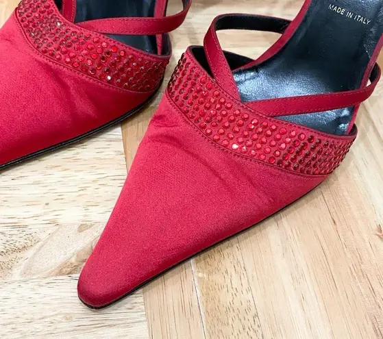 Vintage ESCADA Red Satin Embellished Pointy Toe Sling Back High Heels Pump 37 Size 6