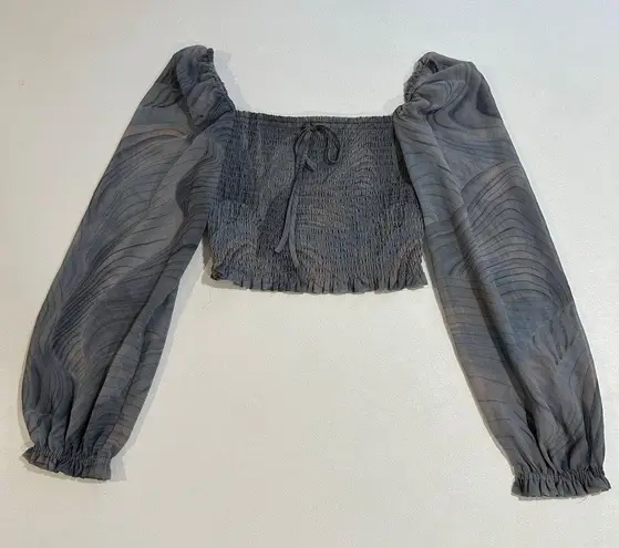 Wilfred Aritzia Sheer Gray Smocked Puff Sleeve Crop Top Size S Romantic Eveningw