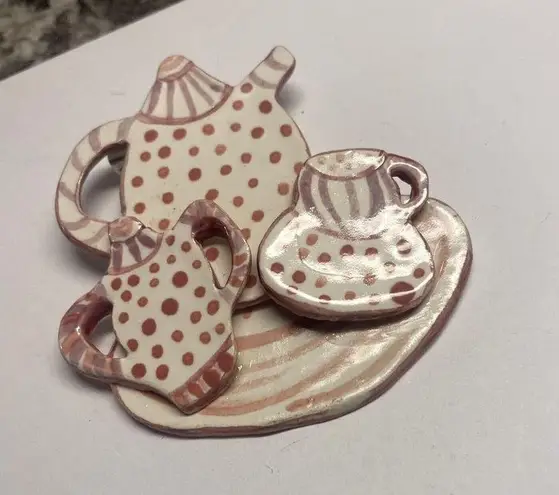 Hand Made Hand Crafted Ceramic Brooch Pin Pink Tea Set Hand Painted
