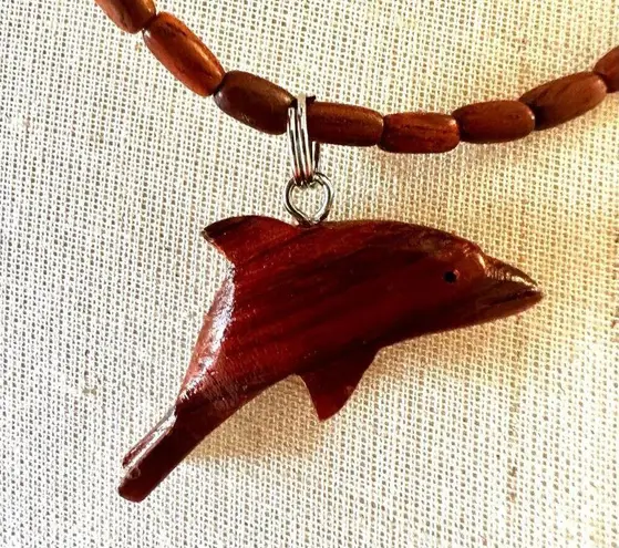 Wood beaded dolphin pendant necklace Brown
