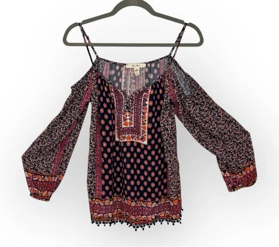 Ella Moon Bohemian Cold Shoulder Peasant Blouse S – Pom Pom Trim Festival Top Black