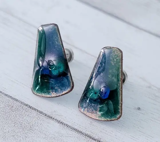 Vintage Screw Back Earrings Unusual Statement Blue Green Tones