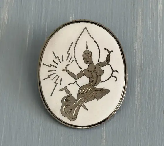 Unique Vintage Brooch Signed Japan White Enamel W Etched Niello Dancer