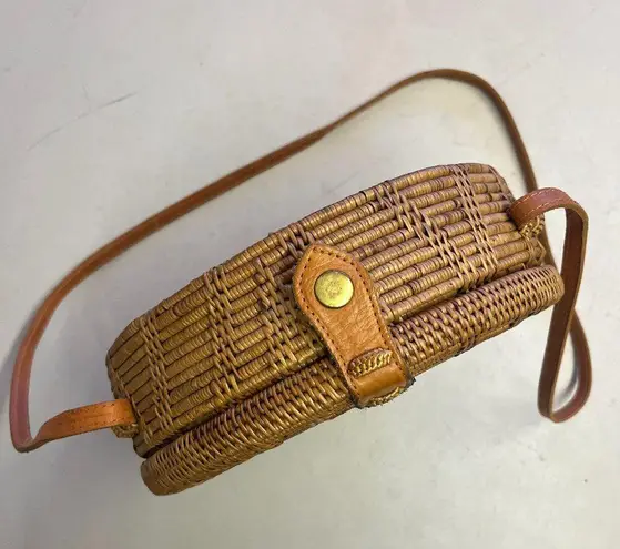 Street Level Boho One of a Kind Round Rattan Bag with leather strap - like new