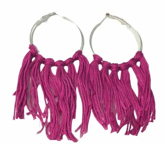 None Boho Fringe Tassel Hoop Earrings Silver Tone Magenta Purple Big Statement Large