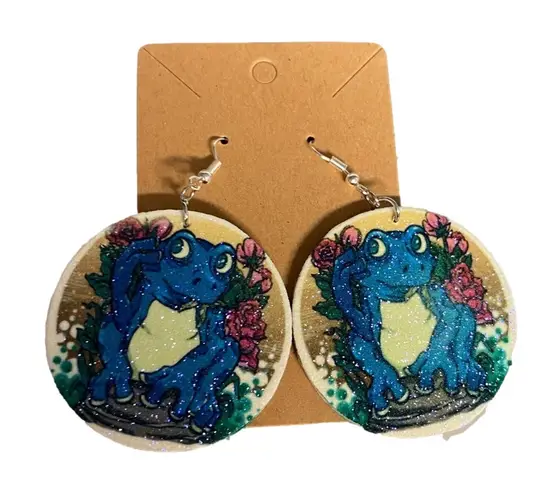 Fairycore Cottagecore Glitter Frog Dangle Earrings Handmade Blue