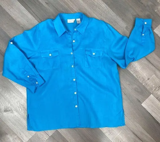 Studio Works  Linen Button Front Shirt Turquoise Large Long Sleeve