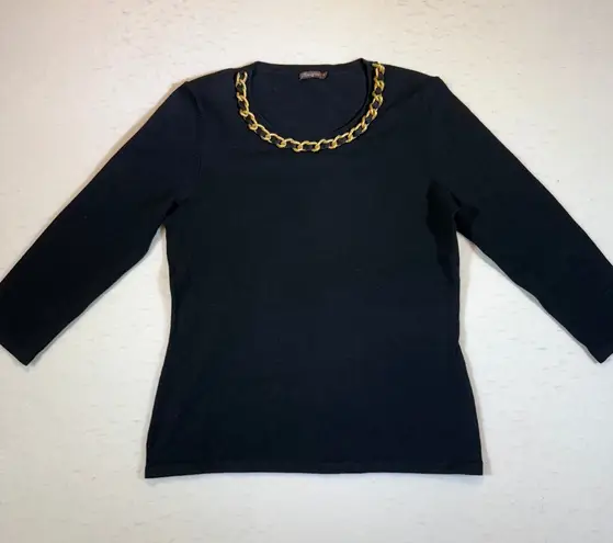 J McLaughlin Black 3/4 Sleeve Sweater Gold Chain Neckline Women's XS
