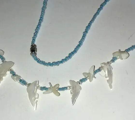 Vintage Blue  Seed Bead Beaded Carved Dolphin Shell Boho Necklace