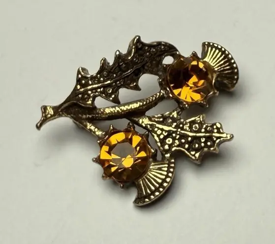 Miracle Orange Rhinestone Scottish Thistle Brooch Pin Gold Tone Signed