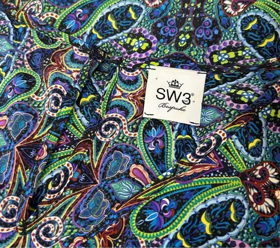 SW3 BESPOKE Silk Dress Cover Up Kaftan Size Small Colorful Paisley Boho Swimsuit Blue