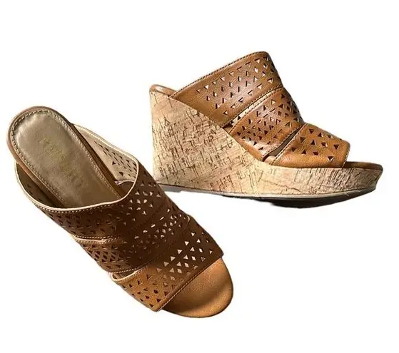🔵 SALE 3/$25 REPORT WEDGE DANICA PLATFORM SLIPON LASER CUT TAN SANDAL SHOES Size 7.5