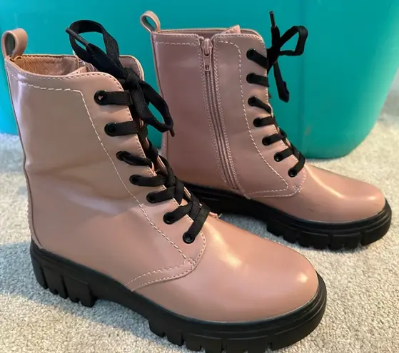 Limelight Pink and Black Combat Moto Boots with Glossy Finish