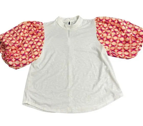 THML White Red Puff Sleeve Mock Neck Mixed Media Blouse Top Size Small