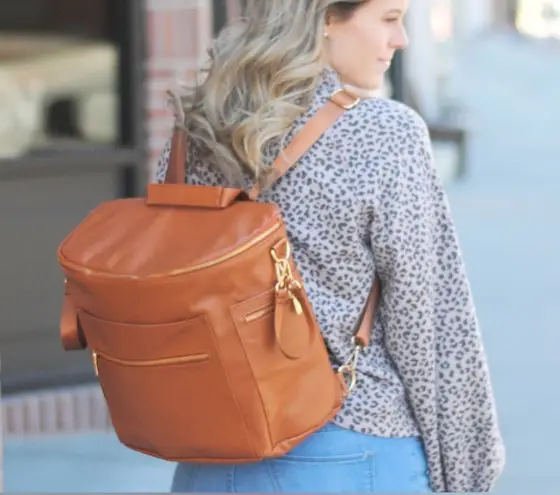 Faux leather brown cognac tan large backpack diaper bag