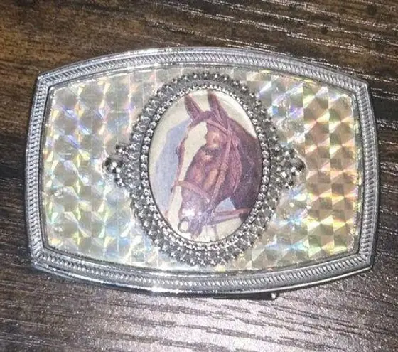 Vintage Horse Belt Buckle Silvertone Metal & Holographic Cowboy Western RARE