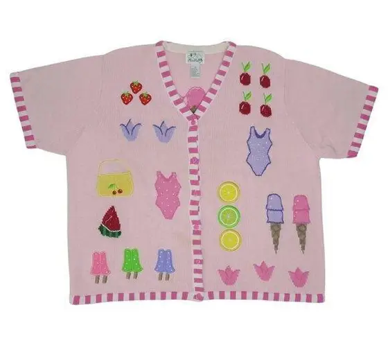 Quacker Factory Vintage 90s Sweet Treats Short Sleeve Cardigan Sweater