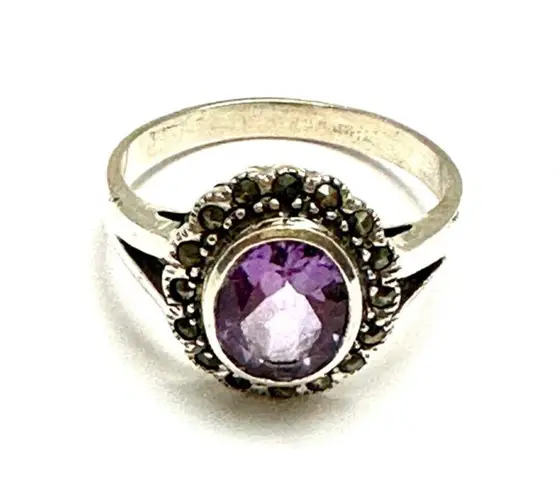 Art Deco Sterling Silver Amethyst Marcasite Ring Size 10.5