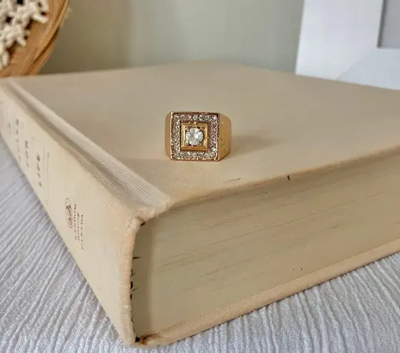 Gold Square Signet Rhinestone Glam Ring “Vicenza” Chunky Statement Classic Femme Jewelry