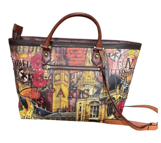 Nicole Lee USA Paris Baroque Print Studded Tote Bag Detachable Shoulder Strap