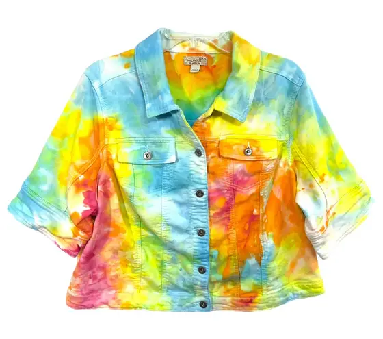 One World XXL Jacket Handmade Tie Dye Cropped Short Sleeve Rainbow Denim 185