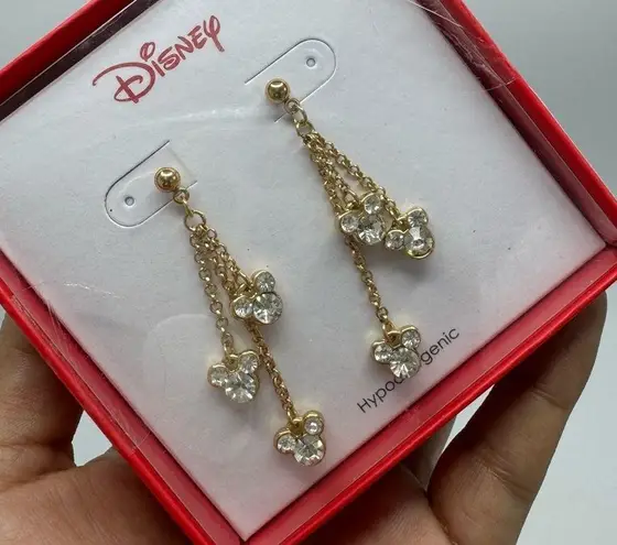 Disney  Goldtone Mickey Icon Chain Drop Earrings New Michey Ears