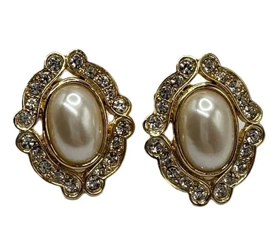 Vintage Gold Framed Pearl and Rhinestone Costume Earrings Large Statement Glam