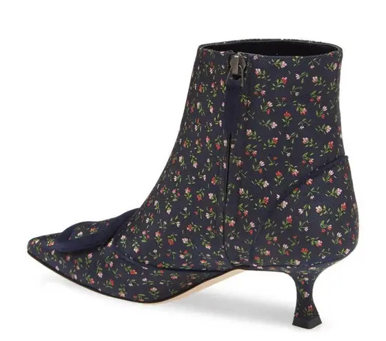 Manolo Blahnik  Baylow Navy Floral Embroidered Jacquard Pointed Toe Ankle Boot