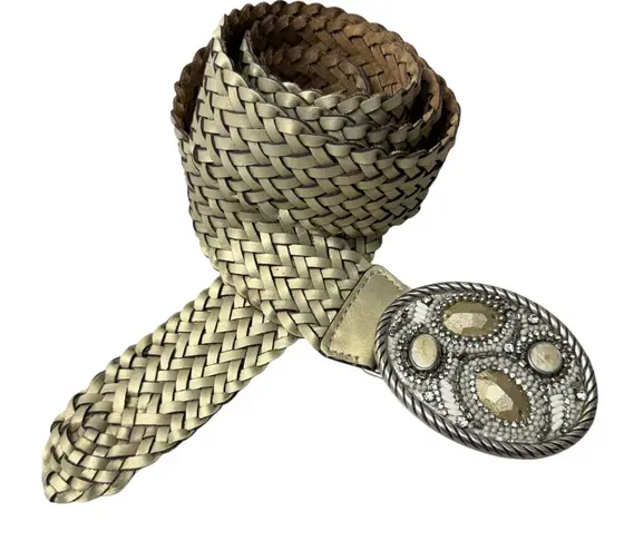 Chicos Woven Leather Belt Womens Gold Gem Buckle Embellished Bead Boho Wrap 52"
