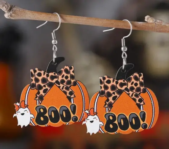 Halloween Pumpkin Earrings Boo Leopard Bow Ghost Dangle Drop Earrings New Orange
