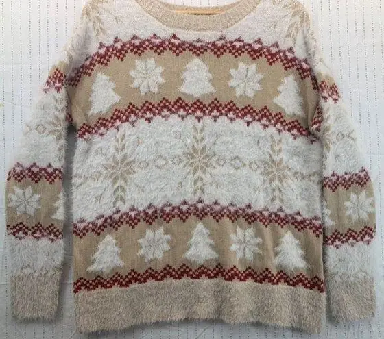 Holiday Time  | Size M Fuzzy Christmas Sweater Beige Red White Crew Neck VGUC