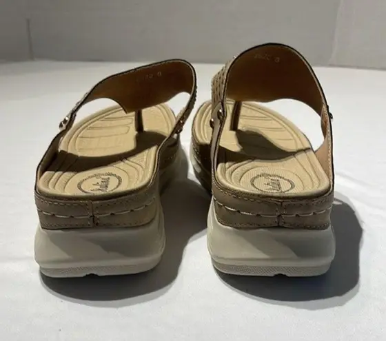 Italina Tan Textured Rhinestone Comfort Wedge Sandal. Size 38 (7.5)