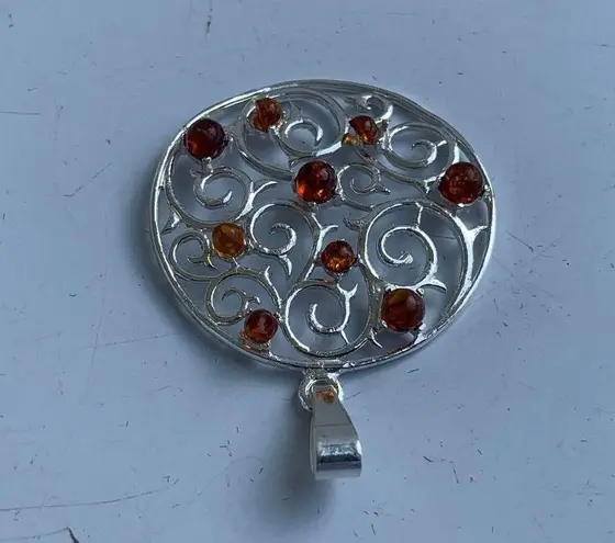 Sterling Silver Multi-Stone Baltic Amber Swirl Design Round Pendant
