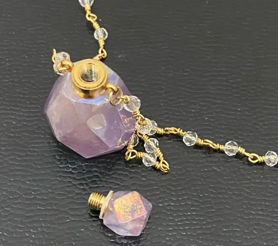 Aura Quartz Faceted Oil Perfume Bottle Pendant Beaded Necklace 20.9g