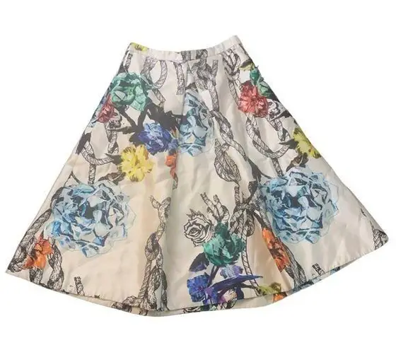 Tibi cream multicolor floral print scuba midi skirt