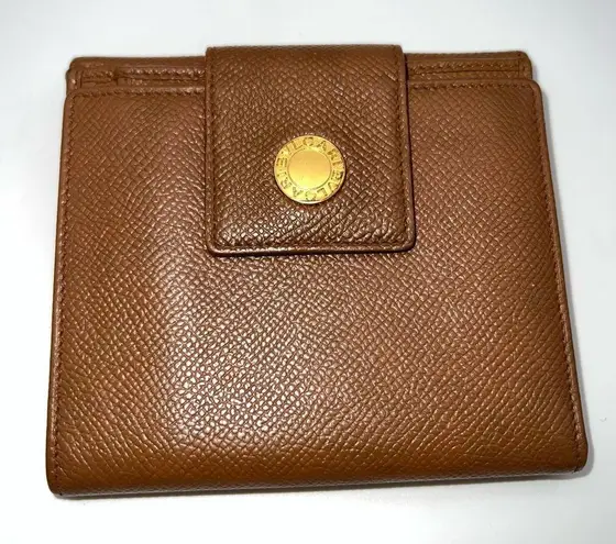 BVLGARI Bulgari Caramel Tan Unisex Textured Leather Bifold Wallet with Large Gold Snap